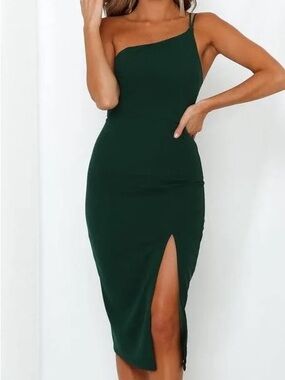 Hello Molly One-Shoulder Midi Dress in Deep Green with Side Slit